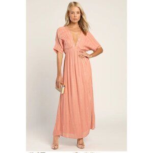 LULUS Goddes Vibes Rusty Rose Gold Striped Dolman Sleeve Maxi Dress. Size Large